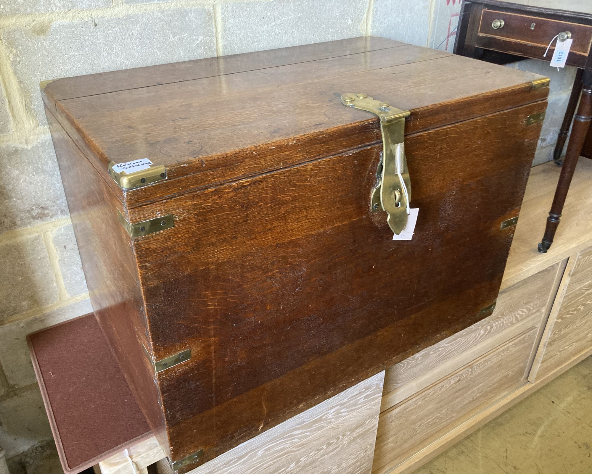 A Victorian brass mounted oak silver chest, width 89cm, depth 56cm, height 63cm